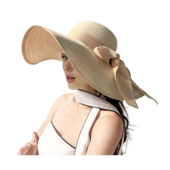 Women Straw Hat Wide Brim Breathable Lightweight Sun Protection Hat with Lace-up Bowknot Decor Sun Hat