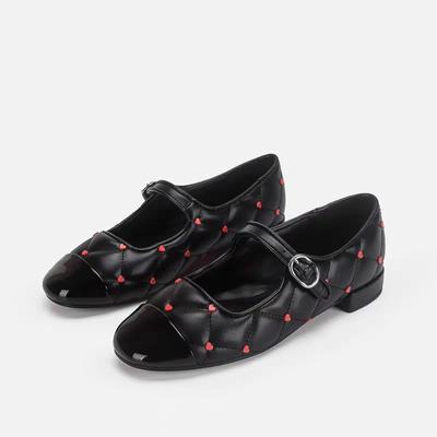 Женские босоножки TRAF на низком каблуке с цветными блоками, винтажные туфли в форме сердца с горошком, балетки 2024 года, черные женские балетки на плоской подошве