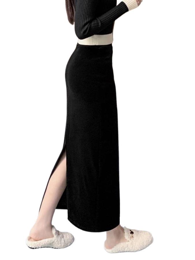 Женская осенне-зимняя черная бархатная облегающая длинная юбка с плотной подкладкой и разрезом
