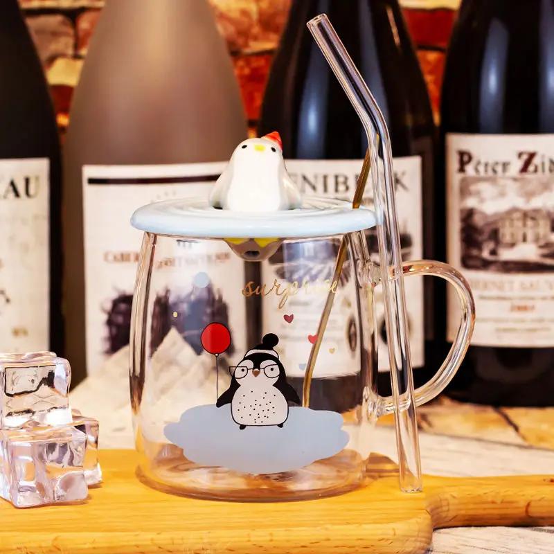 3D Lid Penguin Glass Mug With Spoon Mate Cup of Drinking Cute Mugs Coffee Cups Cup for Tea Glasses for Drinks Mugs Free Shipping