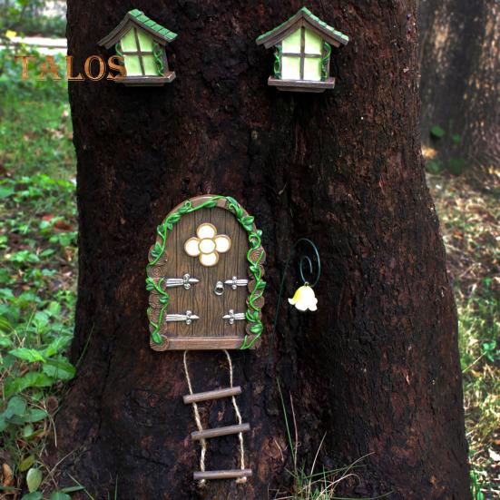 1 комплект, светящийся сказочный дом, фигурка дерева, подвесная статуя, окно, дверь, уличный фонарь, фея, декор из смолы, уличный декор