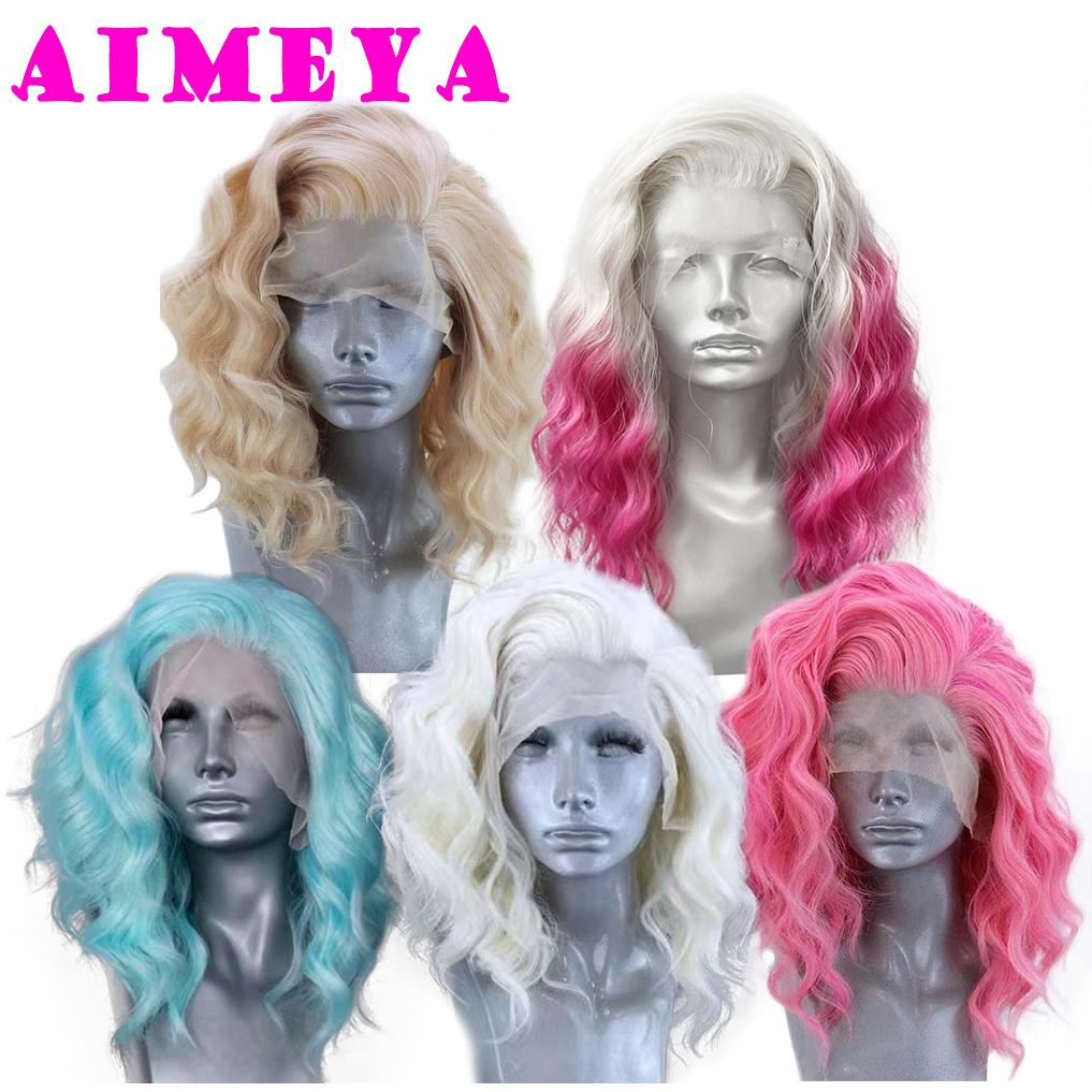 AIMEYA Synthetic Lace Front Wigs Short Bob Wig for Women Platinum Blonde Synthetic Lace Wig Blue Ombre Pink Short BOB Wig