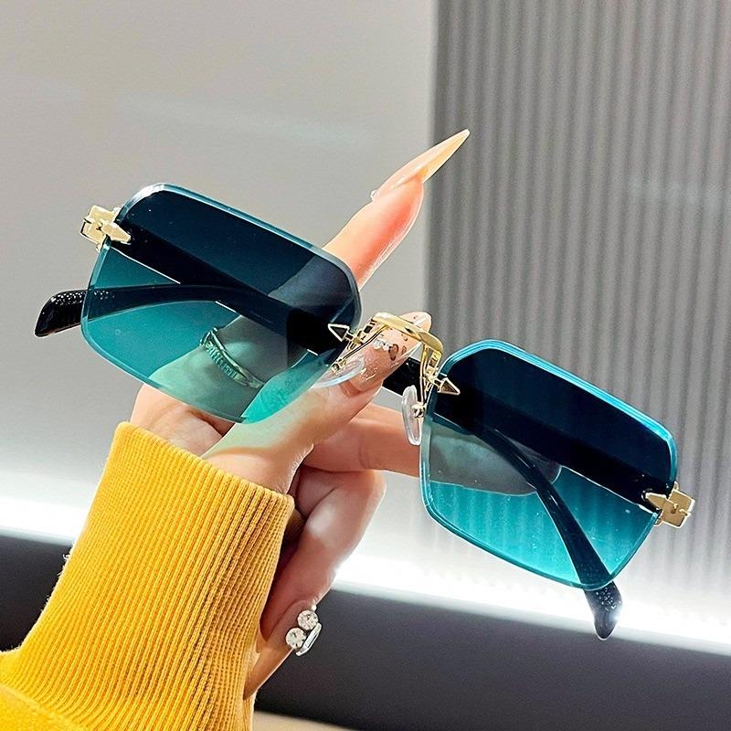 1pcs Unisex Rimless Metal Rectangular Sunglasses, Polycarbonate UV lenses. Lightweight, comfortable, for business & casual wear.
