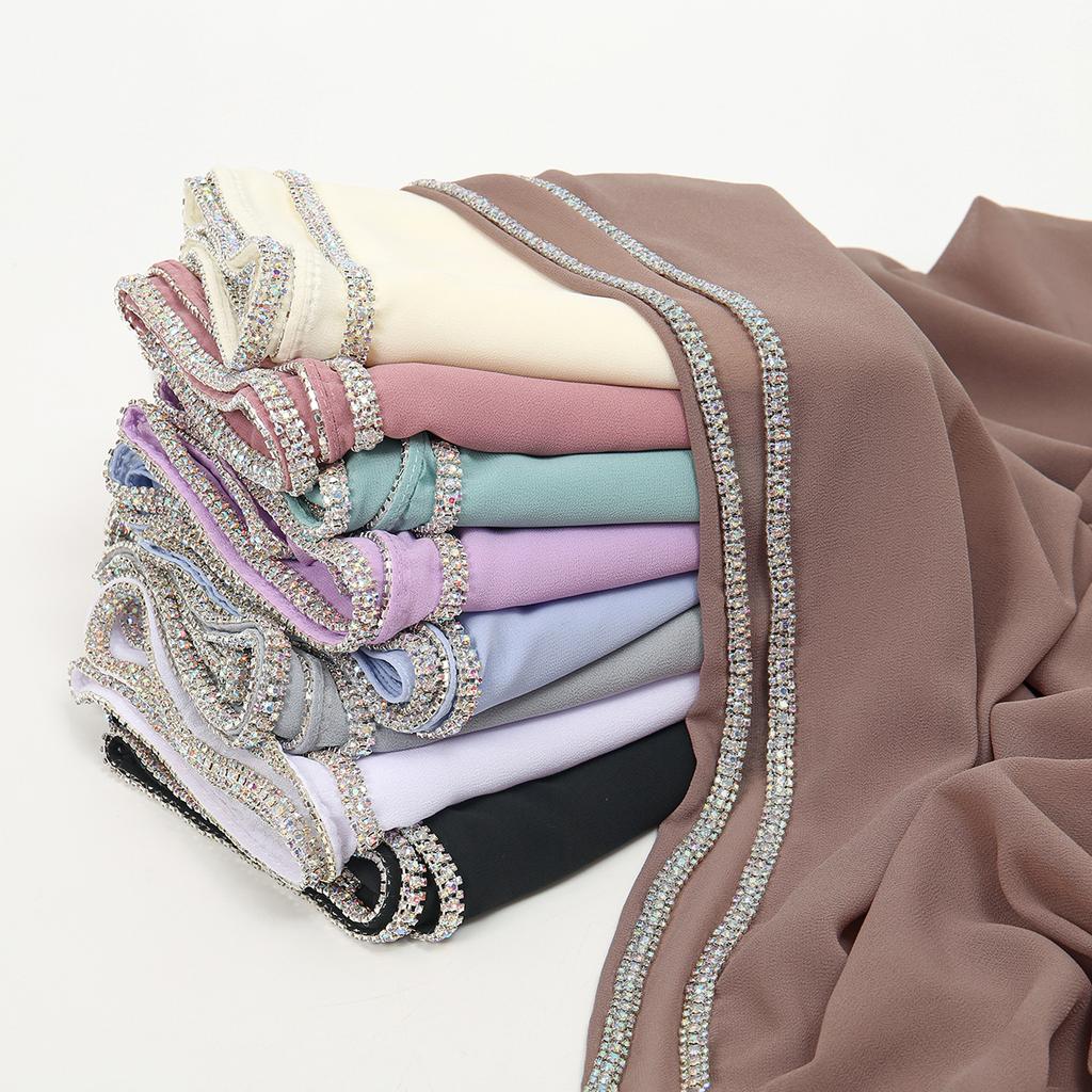 Luxury Rhinestone Chiffon Solid Long Scarf Islamic Women's Head Wrap Neck Scarf Hijab Lightweight Turban Headband 180*70CM
