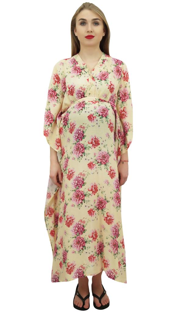 Bimba Moms Cream Printed Kimono Sleeve Kaftan With Belt Maternity Dress-10