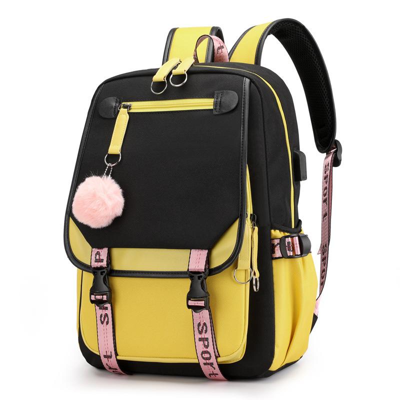 Large School Bags for Teenage Girls USB Port Canvas Schoolbag Student Book Bag Fashion Black Pink Teen School Backpack