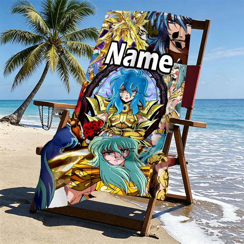 Custom Name Personalized Saint Seiya Print Beach Towel, for Trip Camping Beach Party Home Decor, Birthday Gift for Family & Friends