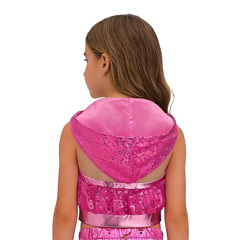 Sleeveless Backless Hooded Crop Top for Girls: Front Zipper Sparkling Sequins Dancewear for Hip-Hop Jazz Performance