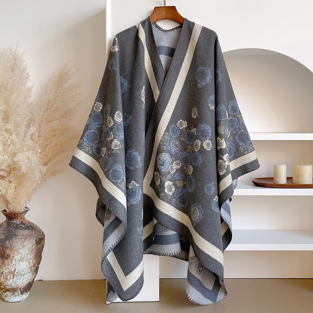 Fashion Winter Cashmere Shawl For Women - Floral Oil Painting Printed Pashmina Thick Scarf, Warm Wrap & Echarpe Poncho