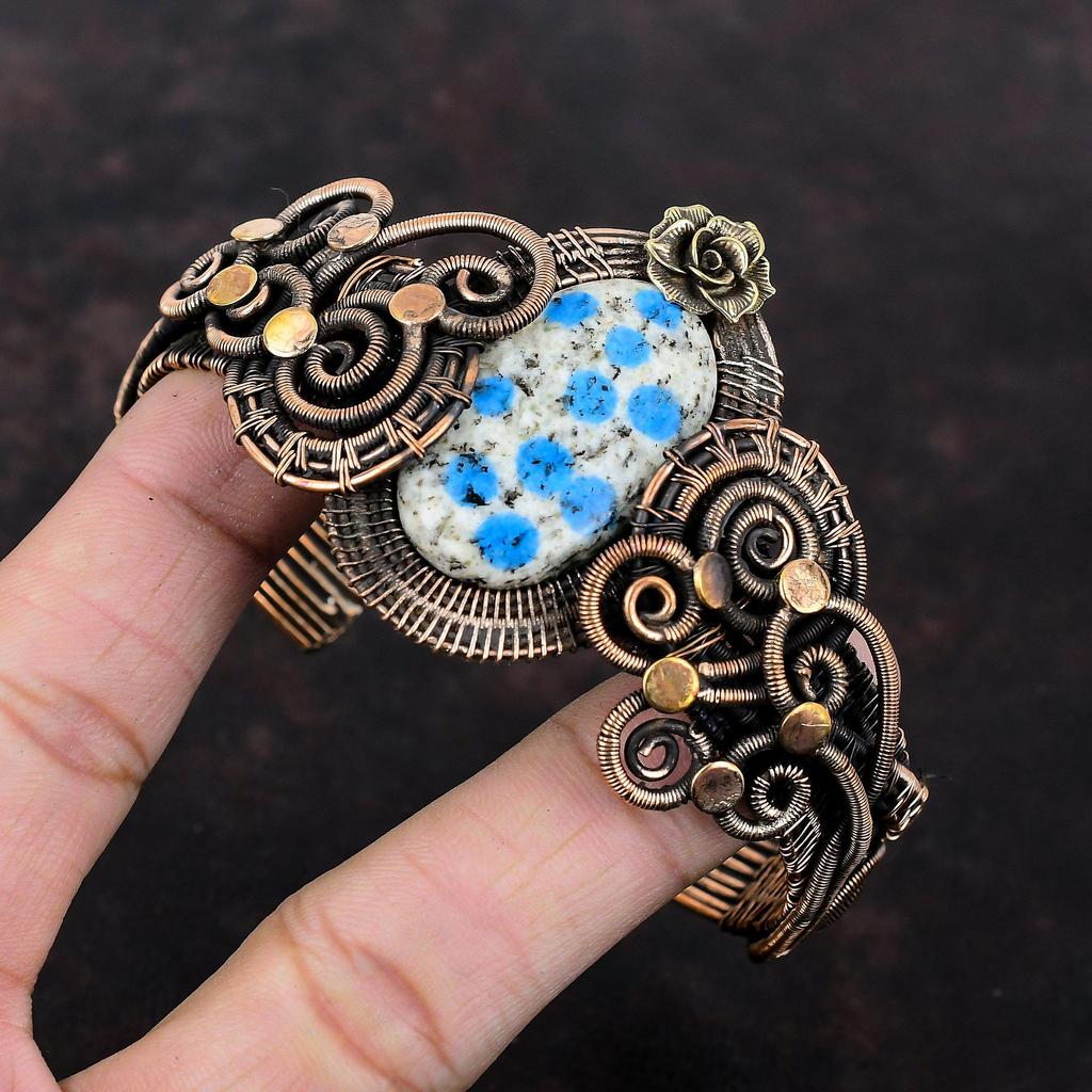 K2 Браслет из яшмы Медная проволока Браслет-манжета Браслет-манжета Драгоценный камень Медные украшения Регулируемые манжеты Браслет ручной работы в стиле бохо Подарок для него Цветочный браслет