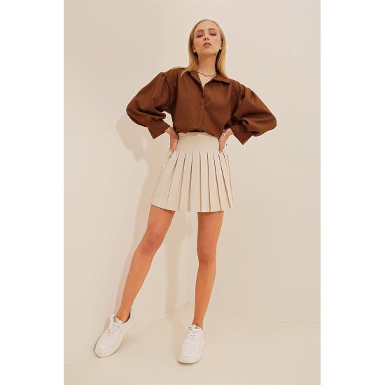 Women's Brown Concealed Pleat Balloon Sleeve Basic Poplin Shirt