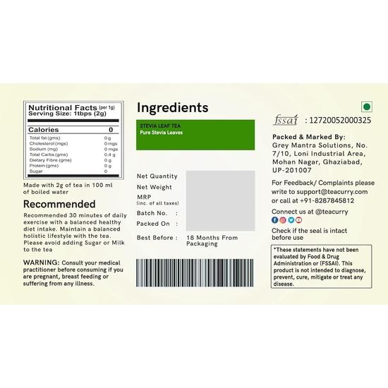 Чай со стевией TEACURRY (Упаковка на 1 месяц, 30 чайных пакетиков) - Помогает регулировать уровень сахара в крови и холестерина - 100% натуральный подсластитель - Без сахара