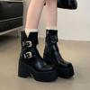Fashion Retro Platform Belt Buckle Ankle Boot Womens Goth Shoe Black Soft Leather Square Toe Zip Chunky Heels Short Boot Botas Mujer