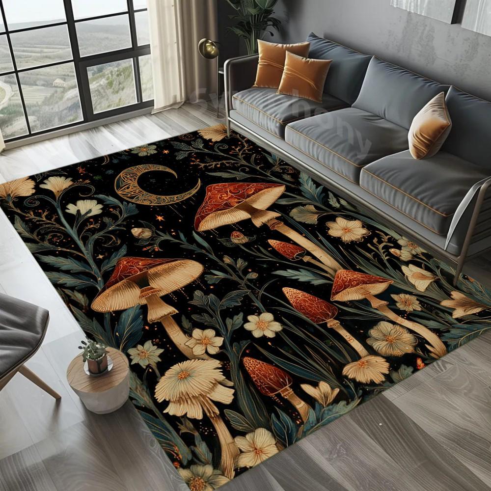 Mushrooms Carpet Red White Spots Rug Mat Home Decoration Fern Leaves Vine Ornament Non-Slip Soft Floor Mat for Living Room