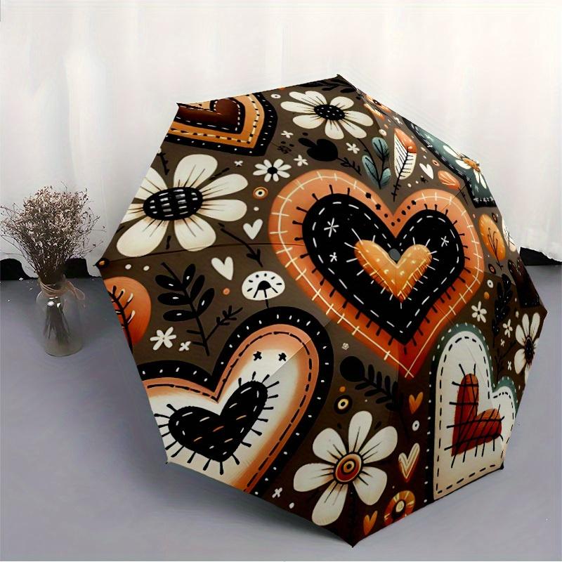 1pc "Hearts Flowers" Automatic Open/close Folding Compact Umbrella, 8-Rib Sturdy Canopy, Lightweight Portable, Everyday Use, Gift, 123