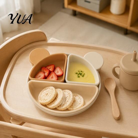BPA Free Infant Dinnerware Silicone Suction Plate for Toddlers, Cute Bear Detachable Divided Dinner Toddler Feeding Supplies Plate, Anti-slip