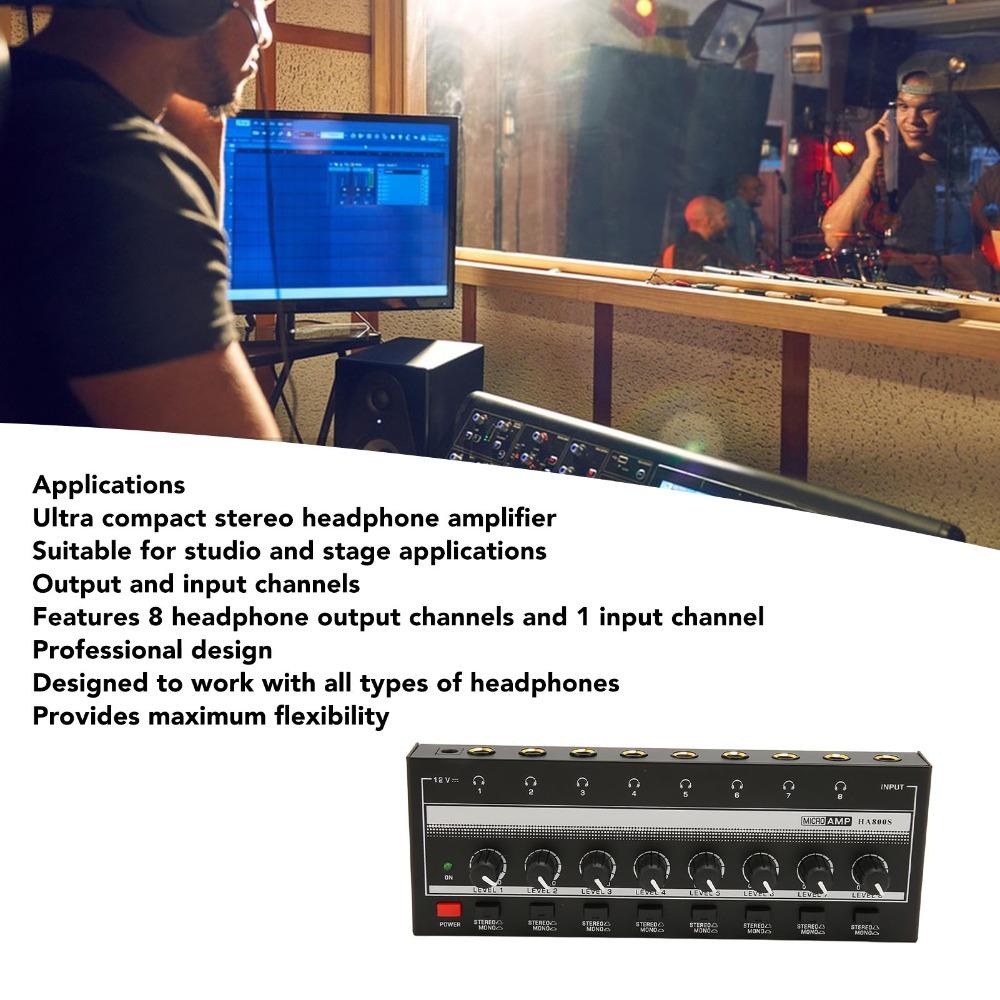 1/4" TRS Input/Output Stereo Headphone Amplifier 8-Channel Audio Mixer Studio Recording