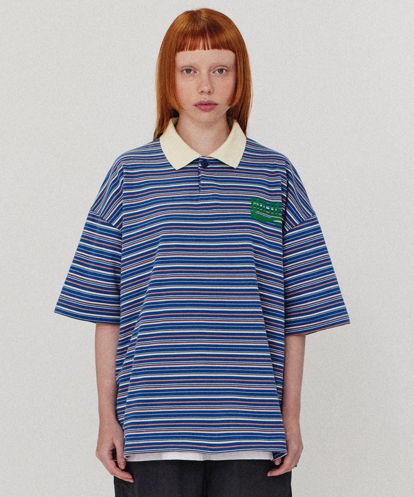 GOLDEN SUNSHINE Stripe Collar Half T-Shirts_Blue