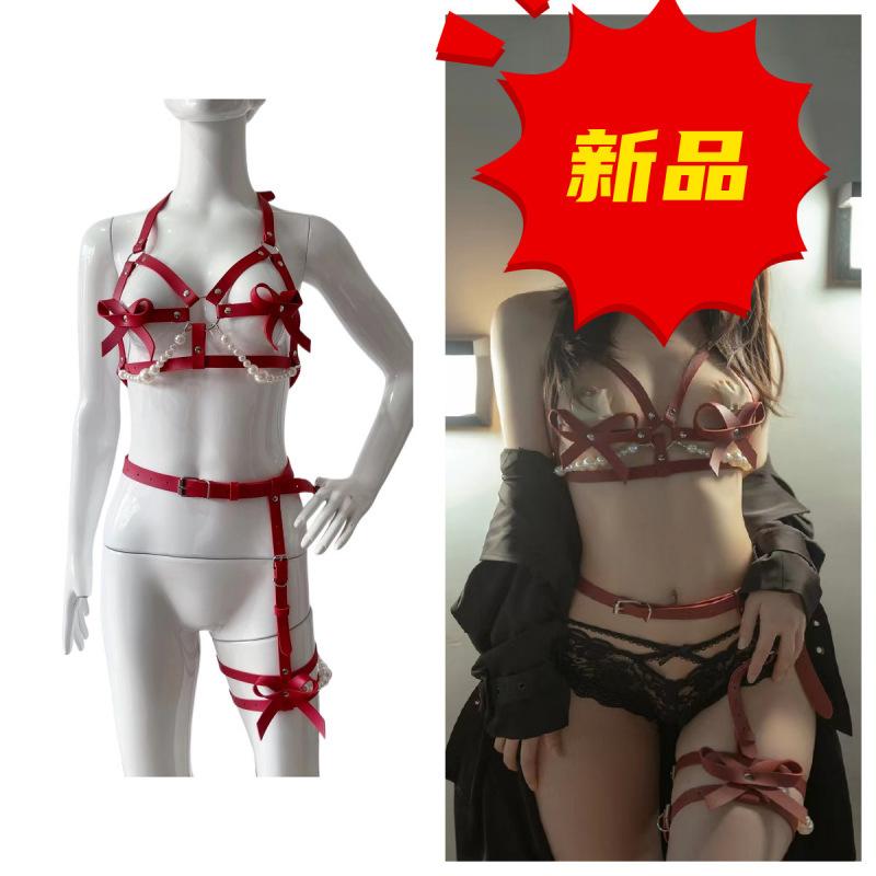 Leather set, sexy pearl leather chest corset, belly and waist integrated bondage belt, couple underwear with accessories