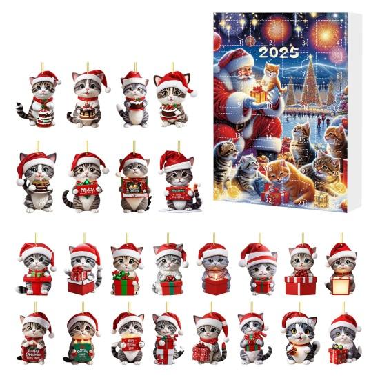 Cat Advent Calendars 2025 2D Acrylic Cute Cat Ornaments 24 Days Christmas Countdown Calendar Holiday Tree Hanging Decoration for Cat Lovers