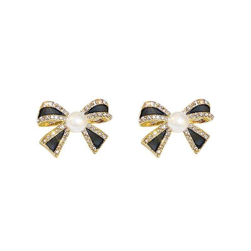 Black diamond-encrusted pearl bow earrings Korean temperament simple retro stud earrings light luxury new earrings