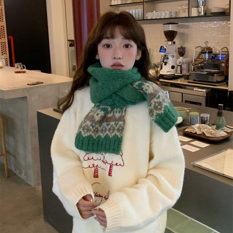 Autumn and Winter Retro Versatile Korean Style Wool Blended Warm Scarf Women's Fashion Fair Isle Pattern Couple Knitted Scarf
