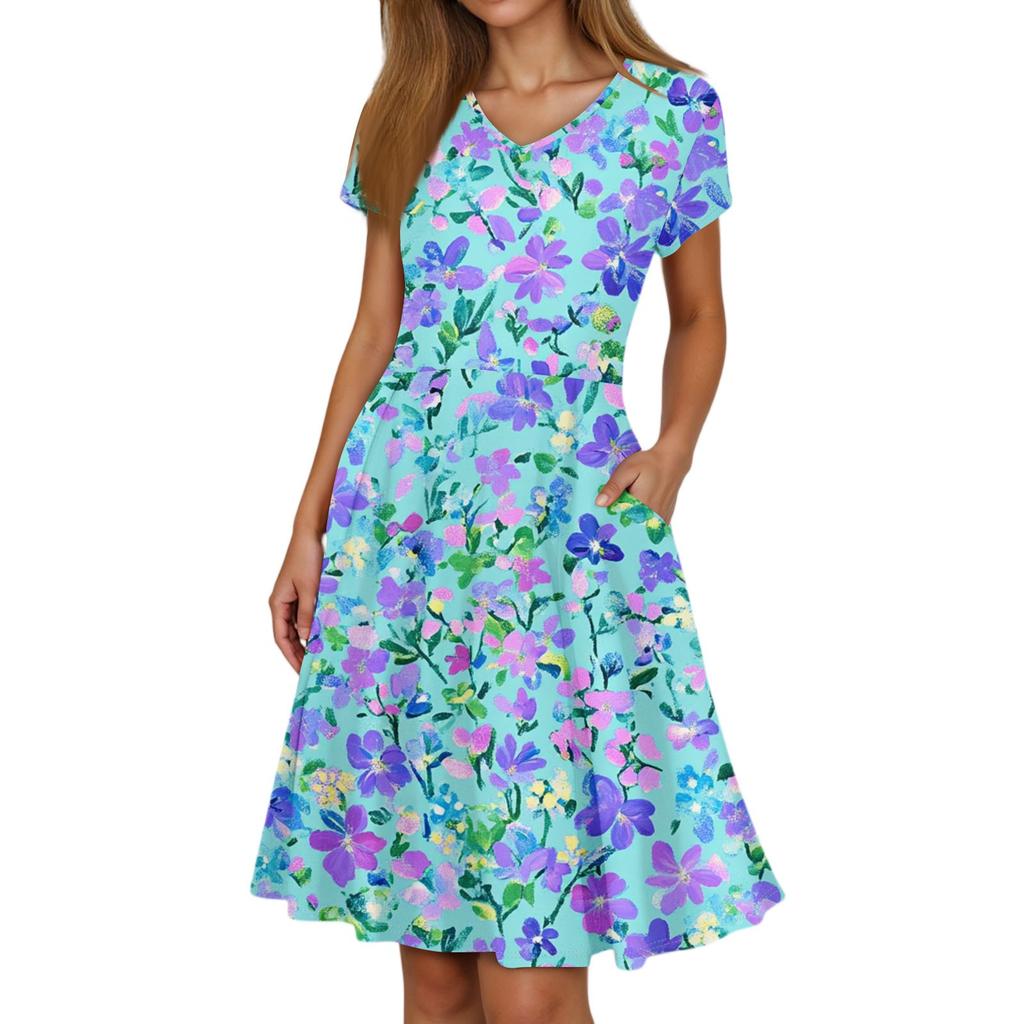 Ladies Summer Fashion Casual Floral Print V-Neck Short Sleeve Pocket Dress