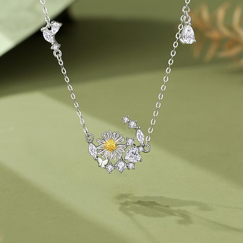 Серебряное ожерелье S925 с ромашкой и лунным светом для женщин – Элегантная, милая и роскошная цепочка на ключицу