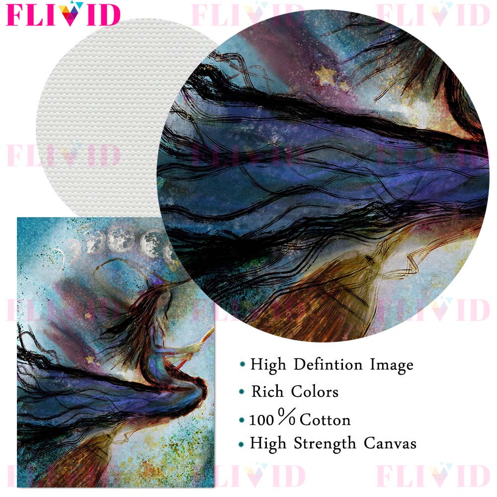 Искусство ведьмы и луны, печать плакатов, летающая ведьма, метла, настенное искусство, полнолуние, ведьма и бутылка с заклинаниями, холст, искусство