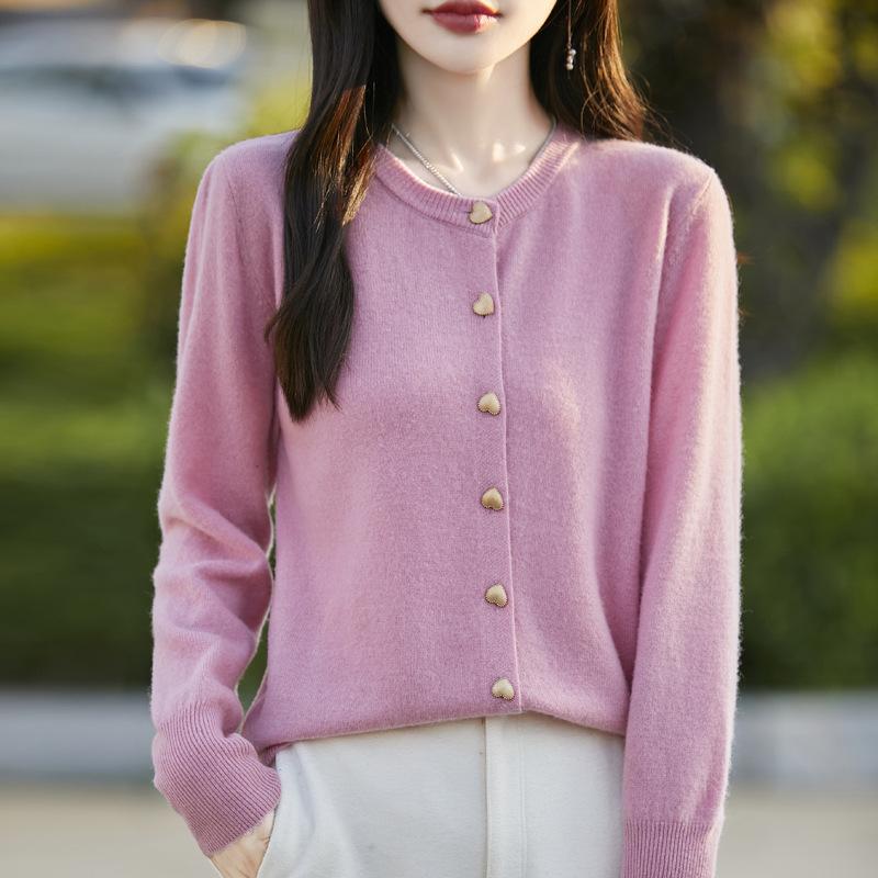 Minimalist Solid Basic Structured Shoulder Versatile Long Sleeve Knit Cardigan Heart Button Round Neck Sweater Women