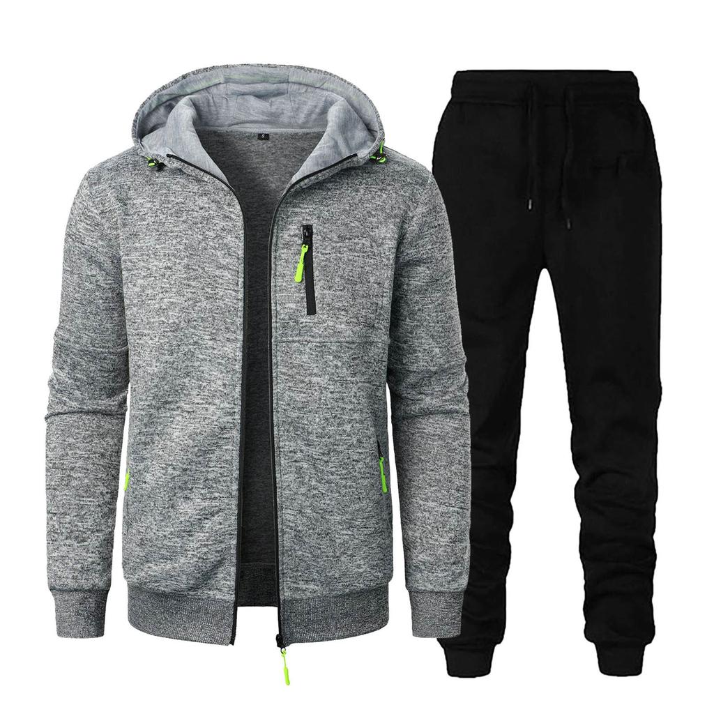Мужская осенне-зимняя однотонная толстовка с длинным рукавом на молнии с капюшоном и брюками