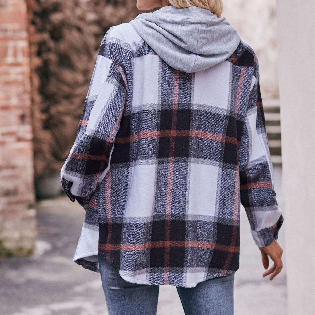 Женская модная клетчатая рубашка с длинным рукавом на пуговицах, с капюшоном, карманом и кулиской, повседневная куртка-рубашка
