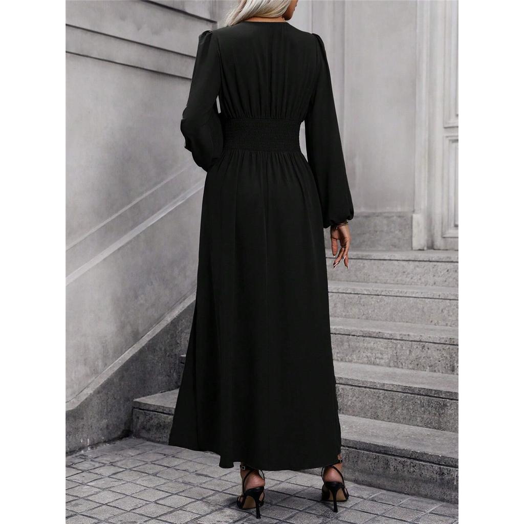 Женское однотонное элегантное платье с рукавами-фонариками, V-образным вырезом и высоким разрезом