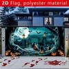 2D plane 1 large Halloween garage door banner - Horror cemetery scene with bats witches and pumpkin lanterns