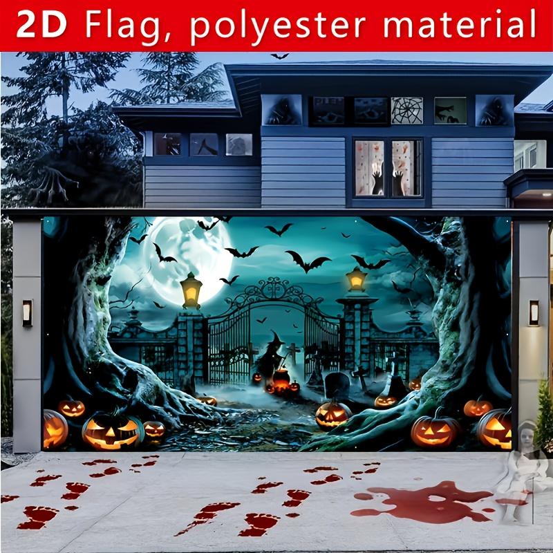 2D plane 1 large Halloween garage door banner - Horror cemetery scene with bats witches and pumpkin lanterns
