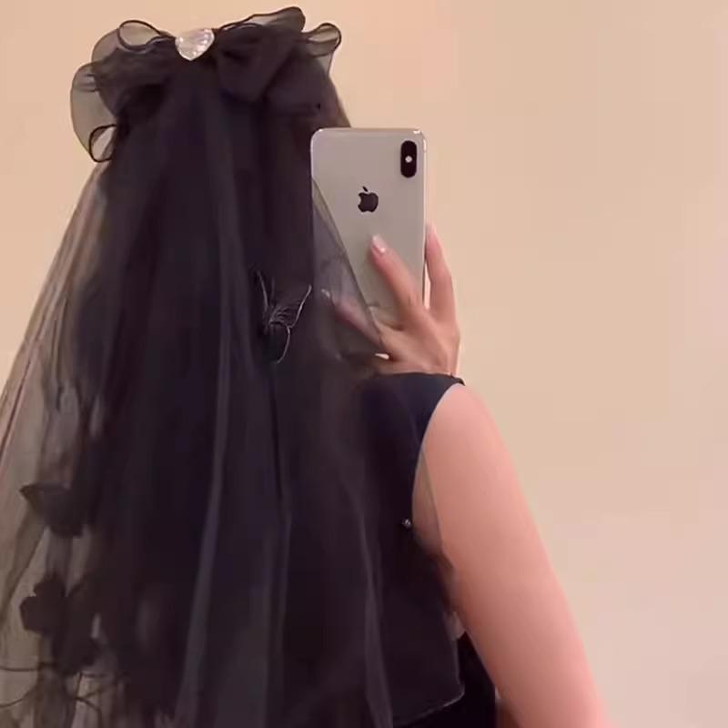 Halloween Veil Bow Hairpin Black 2025 New Holiday Dress Up Photo Props Large Headdress Hair Accessories