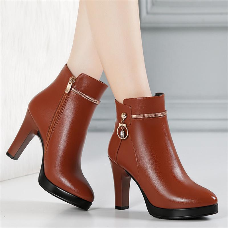 Comfortable Fashion Soft Leather Winter Shoes Platform Boots  Elegant Black Block High Heel Plush Non-slip Ankle Boots
