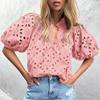 Женская летняя новая модная повседневная кружевная рубашка с v-образным вырезом и пуговицами с пышными рукавами