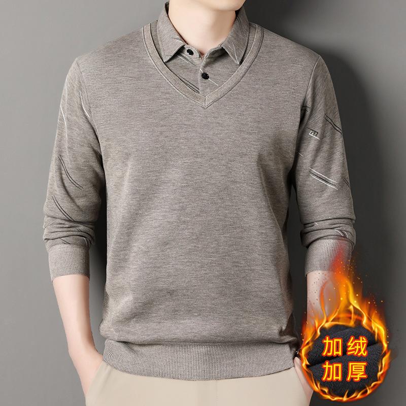 Новый осенне-зимний мужской свитер, утолщенный свитер-обманка из двух частей, теплая рубашка с воротником, повседневный универсальный базовый свитер