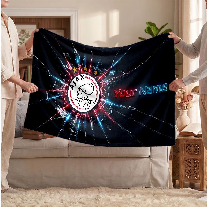 Ajax Amsterdam Personalized Fleece Blanket With Football Logo, Custom Name Text Soft Warm Home Throw Blanket