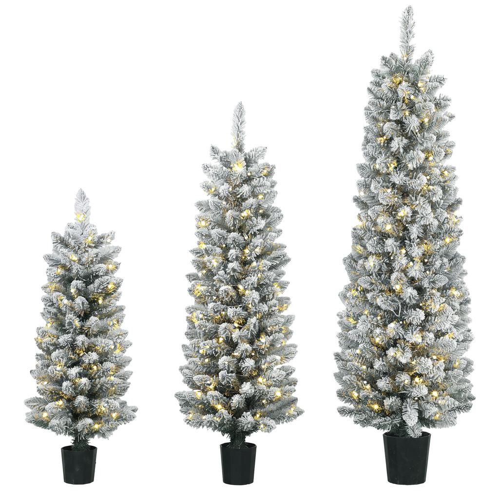 Prelit Snowy Flocked Artificial Christmas Tree Set of 3, 3FT+4FT+5FT