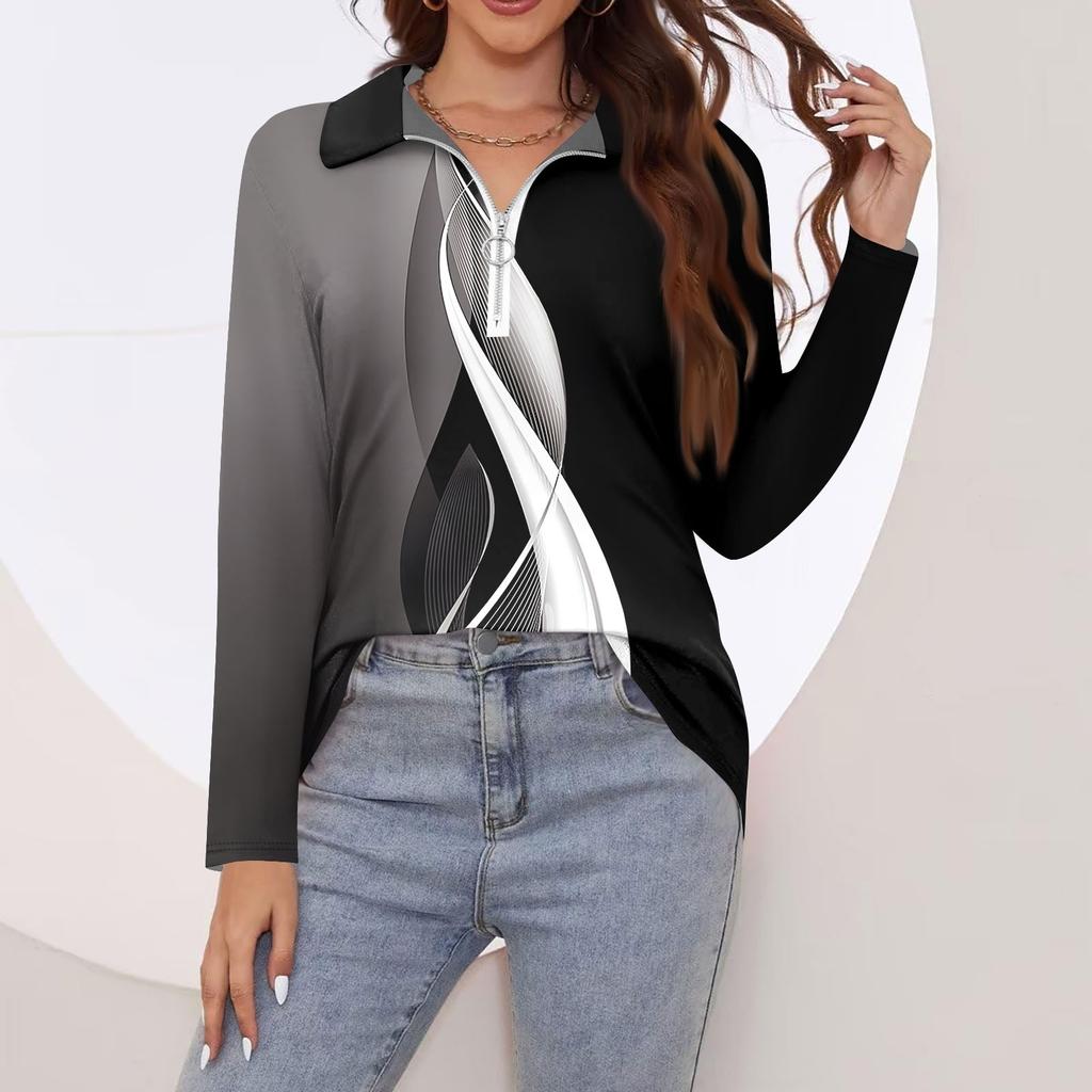 Женская весенняя и модная повседневная рубашка с принтом на молнии с V-образным вырезом и длинным рукавом