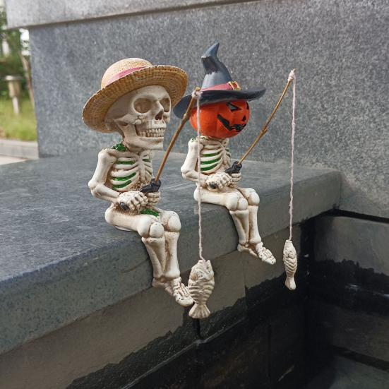 Хэллоуин Рыболовный Скелет Фигурка Жуткий Сидящий Тыквенная Голова Скелет Статуя Скульптуры Открытый Сад Пруд Фонтан Украшение Стороны Бассейна