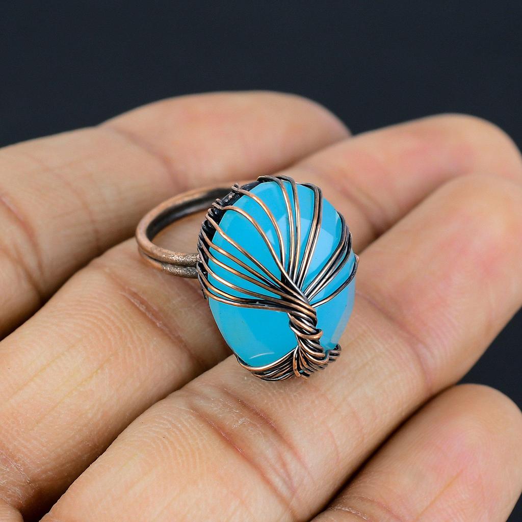 Tree Of Life Aqua Chalcedony Gemstone Copper Wire Wrapped Handmade Jewelry Ring For Gift All Size