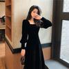 Square Collar Velvet Long-sleeved Dress for Women In Spring New Retro Slim Fit Slim Temperament Sexy Midi Skirt
