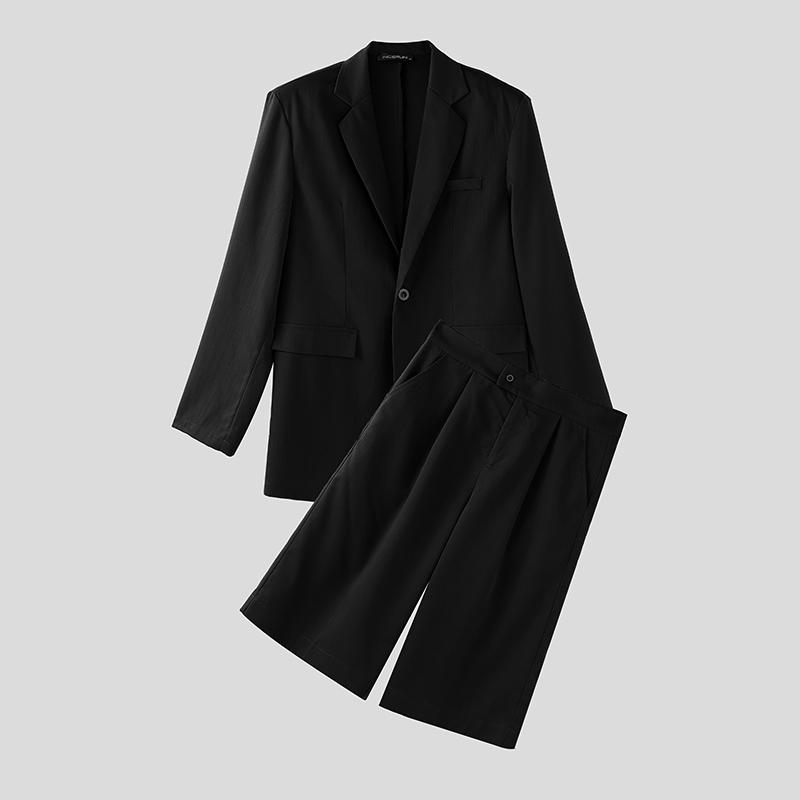 INCERUN Мужские костюмы из двух частей, большие размеры, блейзер с длинным рукавом, комплекты с брюками капри