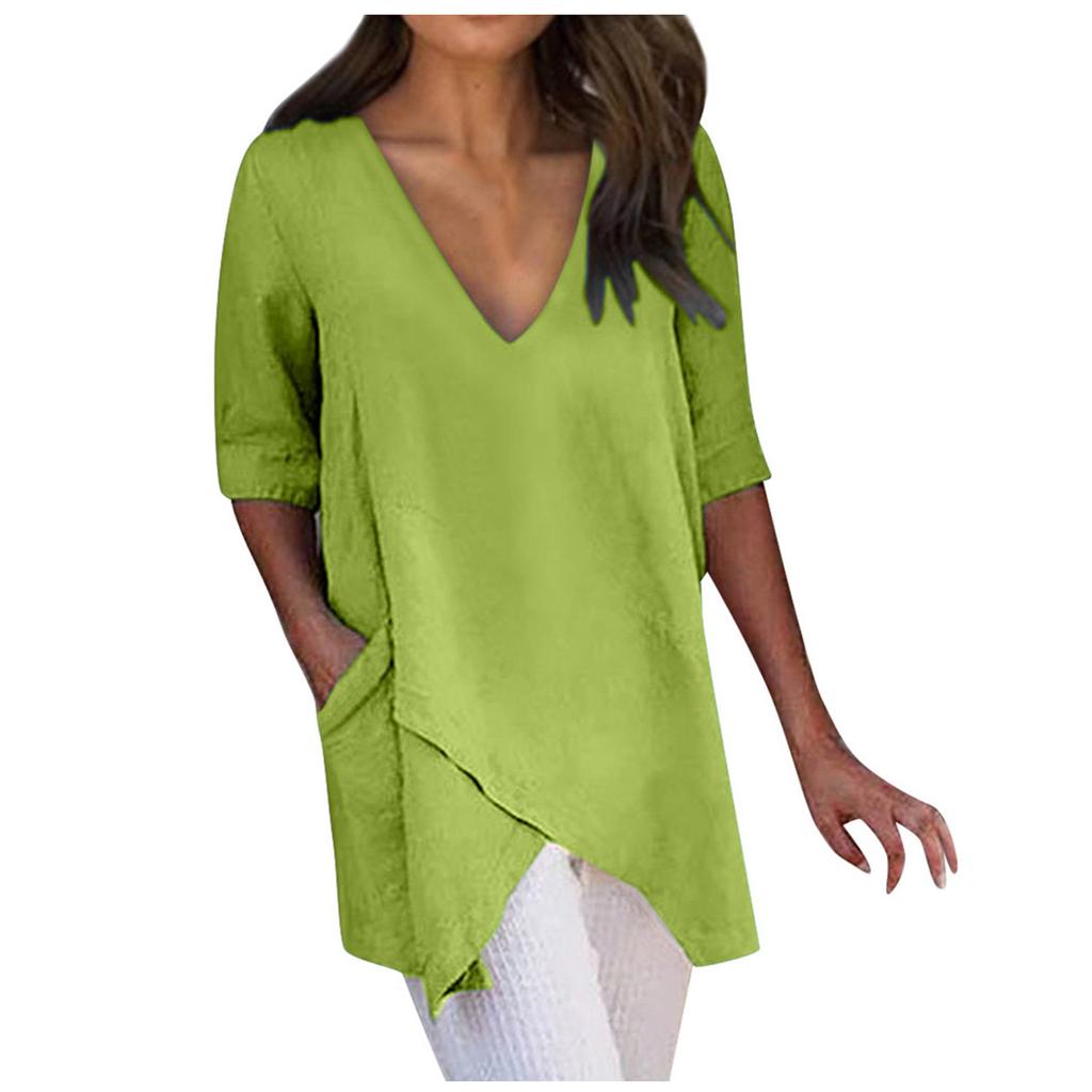 Женская модная однотонная повседневная футболка с v-образным вырезом и короткими рукавами