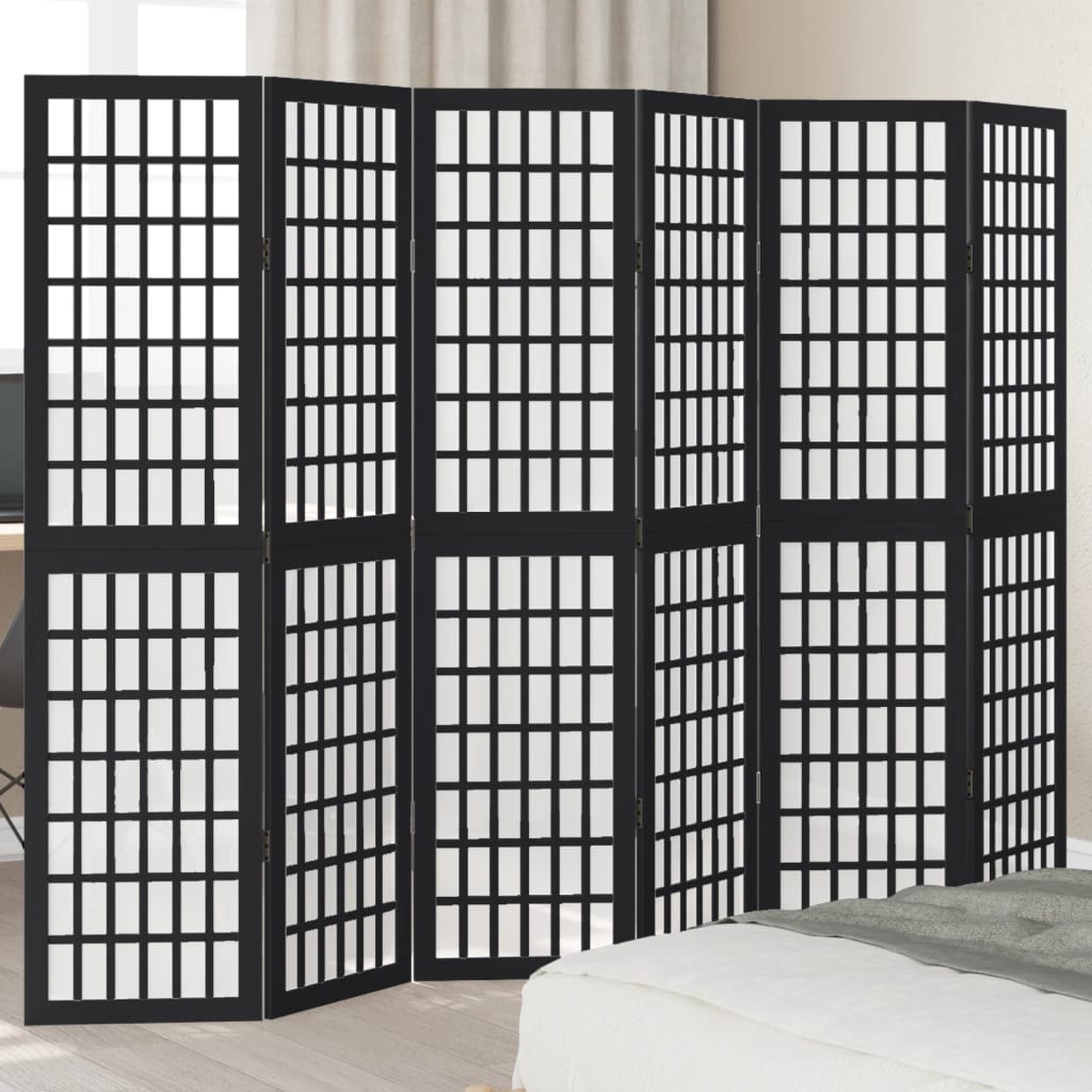 6 Piece Black Folding Screen Solid Paulownia Wood