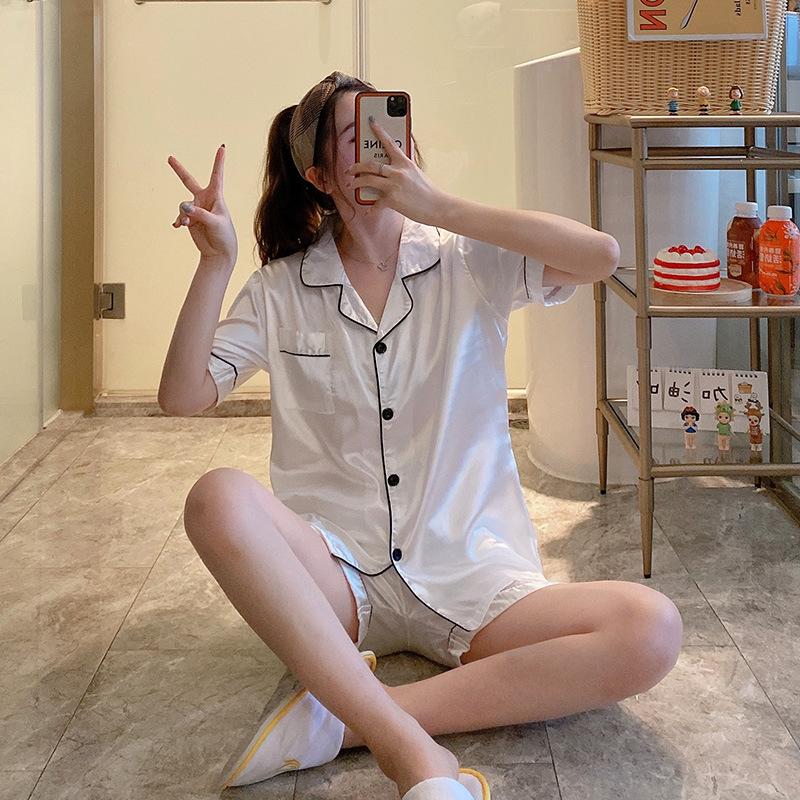 Летняя однотонная пижама женская свободная большого размера из ледяного шелка с короткими рукавами, двухсекционный тонкий костюм в японском стиле принцессы