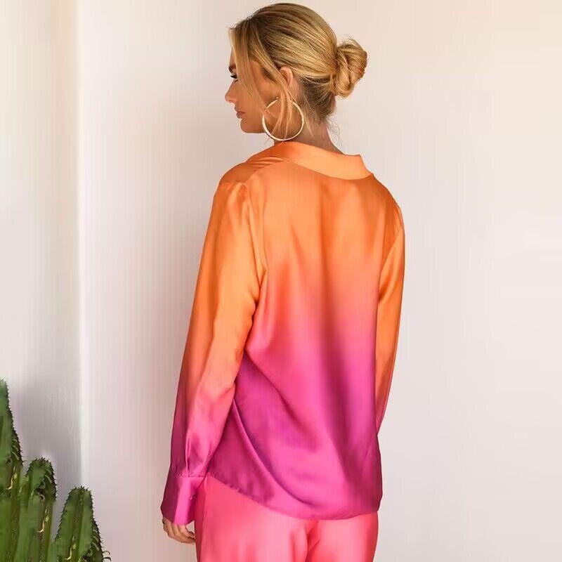 D9711 hot European and American women's clothing, autumn new fashion gradual change color printing long-sleeved shirt set